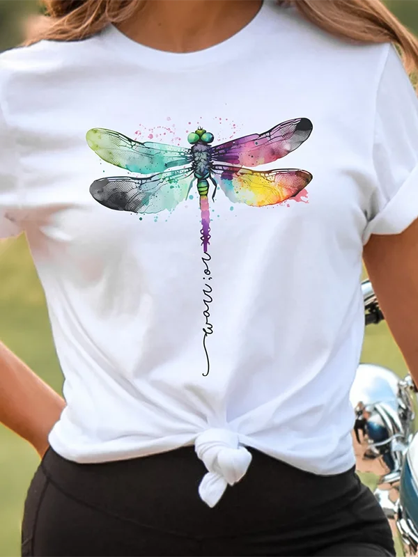 

Colorful Large Graffiti Dragonfly Cotton Print Women T-shirt Street Outdoor Doodle Fashion Female Shirt Trend Hip Hop Girl Tee