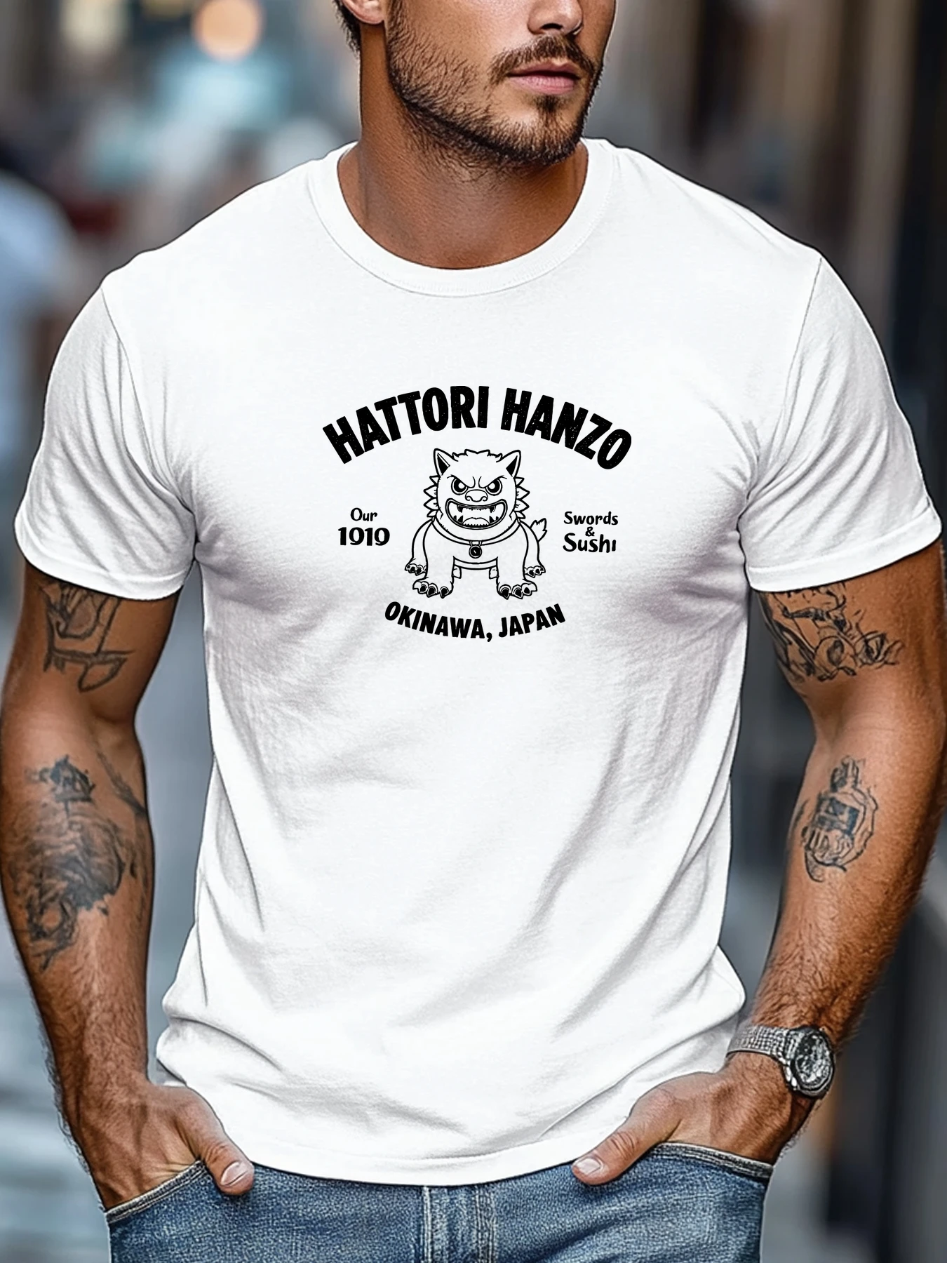 Men Black Crew Neck Tee Vintage Hattori Hanzo Okinawa Japan Lion Guardian Swords And Sushi Retro Print Soft Cotton Male Tops