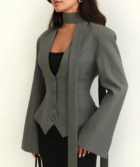 Women's Fashion Jacket 2025 Latest Women's New Fashionable Solid Color V-Neck Scarf with Long Sleeved Casual Suit Jacket and Top