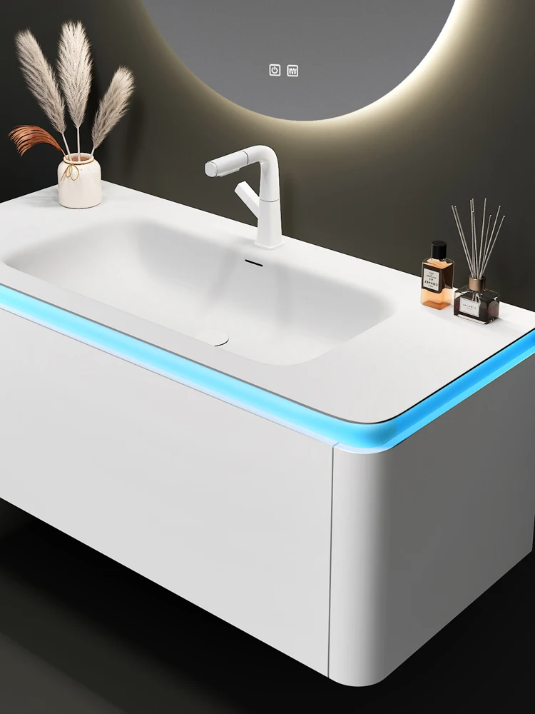 Bathroom Vanity Cabinet And Sink Cream Wind Combination Corian Rock Plate Seamless  Hand Washing Basin Toilet Washstand Simple