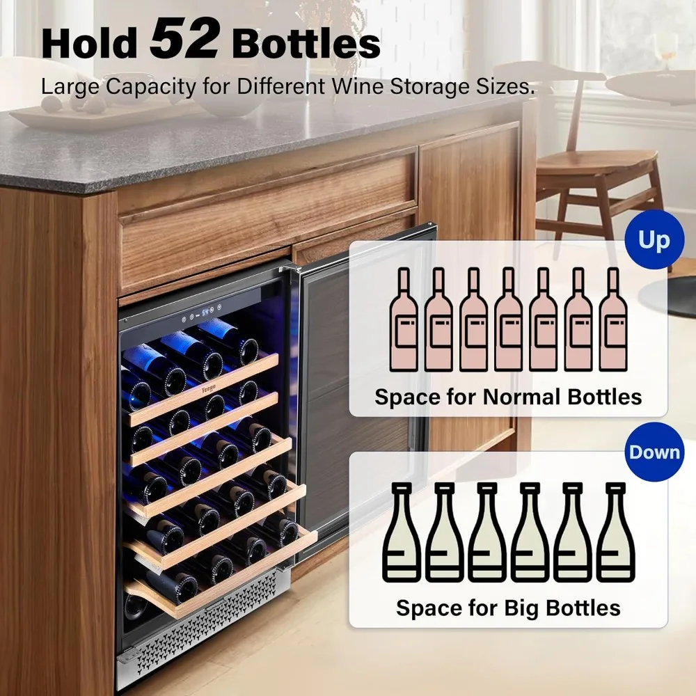 Refrigerador de vinho com compressor profissional, serve para garrafas grandes, baixo ruído, embutido ou autônomo, refrigerador, 52 garrafas