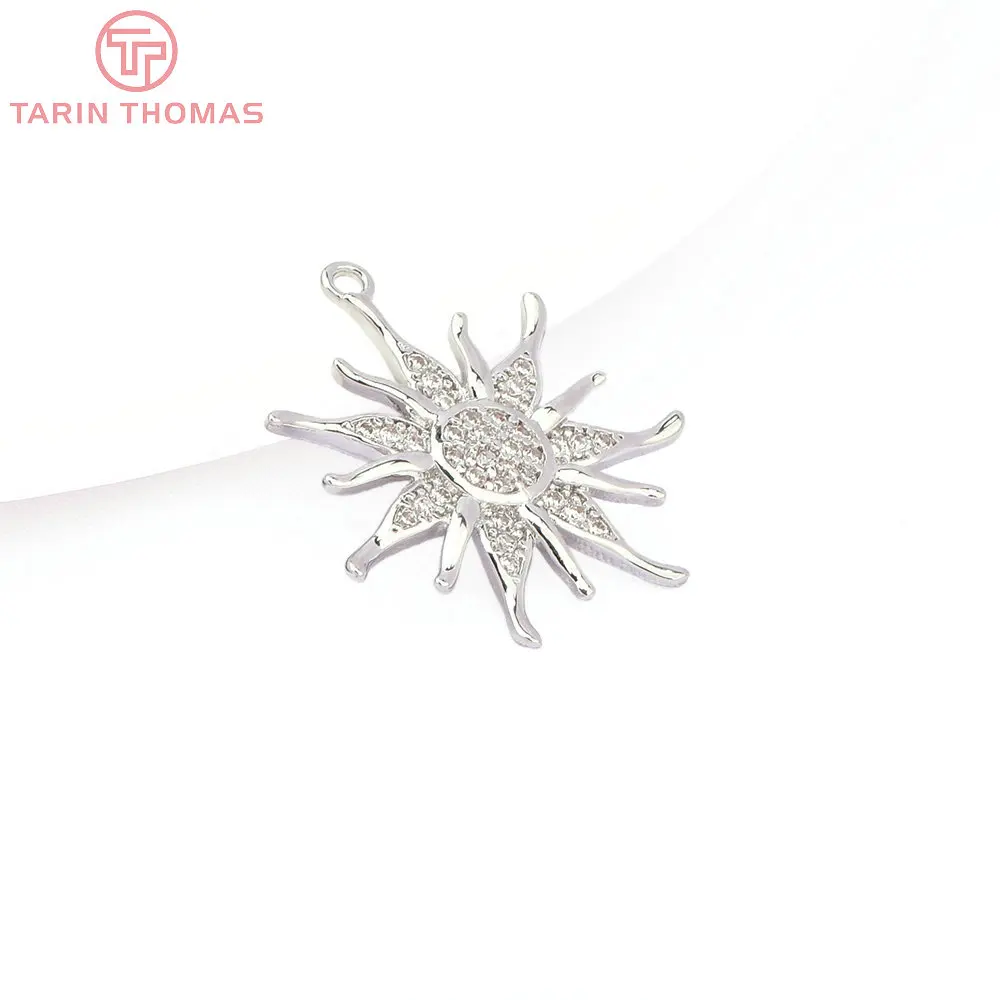 (8240) 2PCS 21x22.5MM 24K Gold Color Brass with Zircon Sun Flowers Pendants High Quality DIY Jewelry Making Findings Accessories