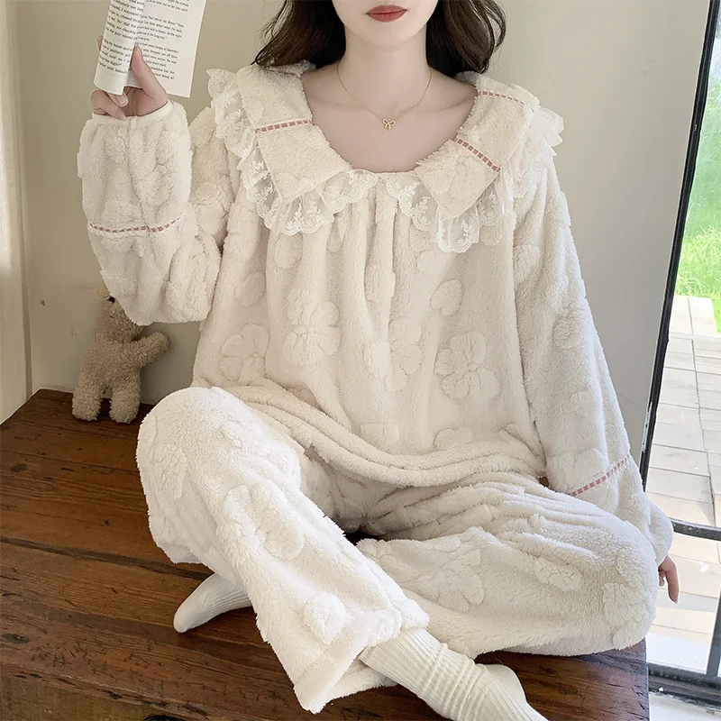 Herbst Winter Korallen Fleece Frauen Pyjamas Fleece-gefüttert Mädchen verdicken lange Ärmel warm halten bequeme Nachtwäsche Homewear Anzug