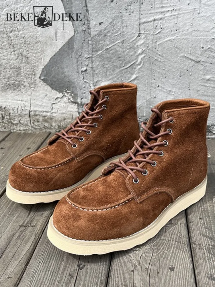 

Мужские ботильоны ручной работы из коровьей замши в стиле ретро с круглым носком, однотонная рабочая обувь на платформе из натуральной кожи для отдыха, однотонная рабочая обувь на шнуровке