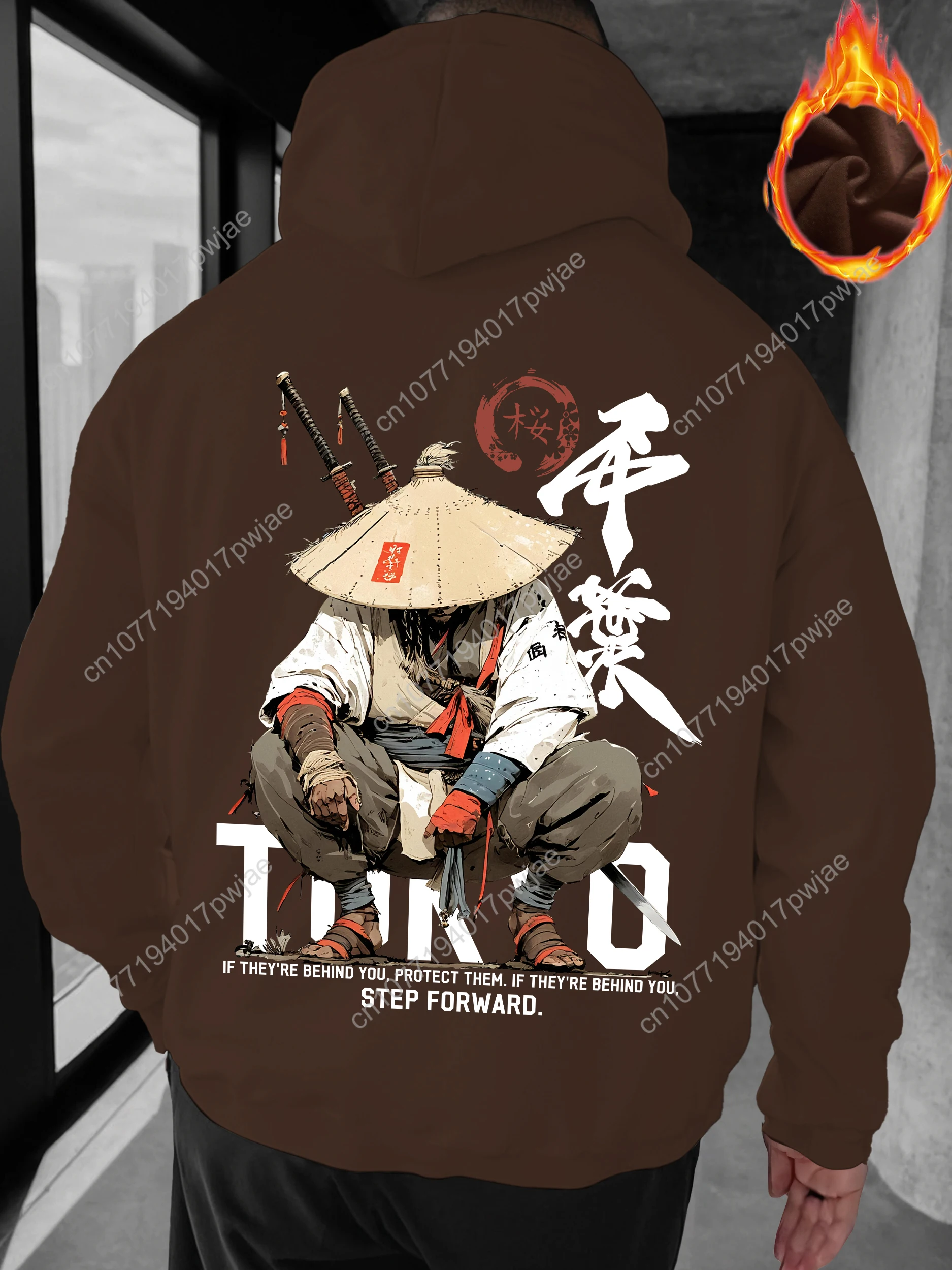 Мужская толстовка с капюшоном японского аниме-самурая — одностороннее струящееся кимоно с принтом самурая-воина с надписью кандзи, Loo