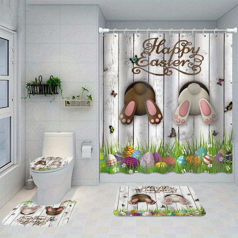 4PCs bunny eggs printed shower curtain set, waterproof shower curtain with hooks, non-slip mat, toilet lid mat and U-shape mat