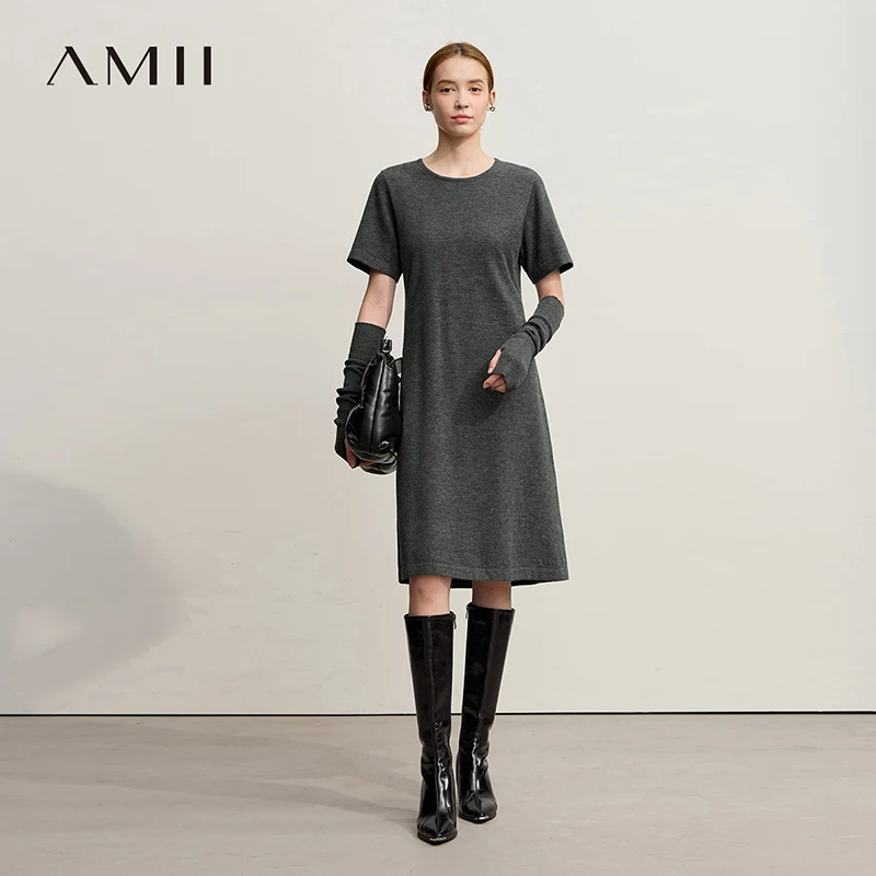 Amii Womens Dresses 2025 Winter New Minimalist Round Neck Loose Elastic Short Sleeves Knitted Wool Dresses For Woman 12544053
