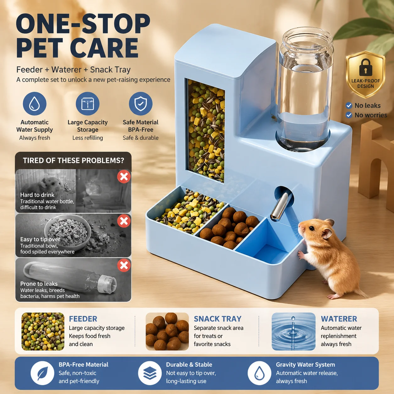 Comedero y Bebedero Automático 2 en 1 para Hámsteres, con Salida de Agua Táctil, Recipiente Hermético para Almacenamiento de Alimentos para Mascotas Pequeñas, Ratones y Gerbillas