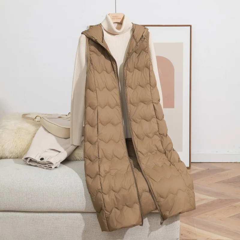 Chaleco largo con capucha para mujer, chaleco con capucha 90% de plumón de pato blanco para ir al trabajo, moda sencilla, otoño e invierno, 2025