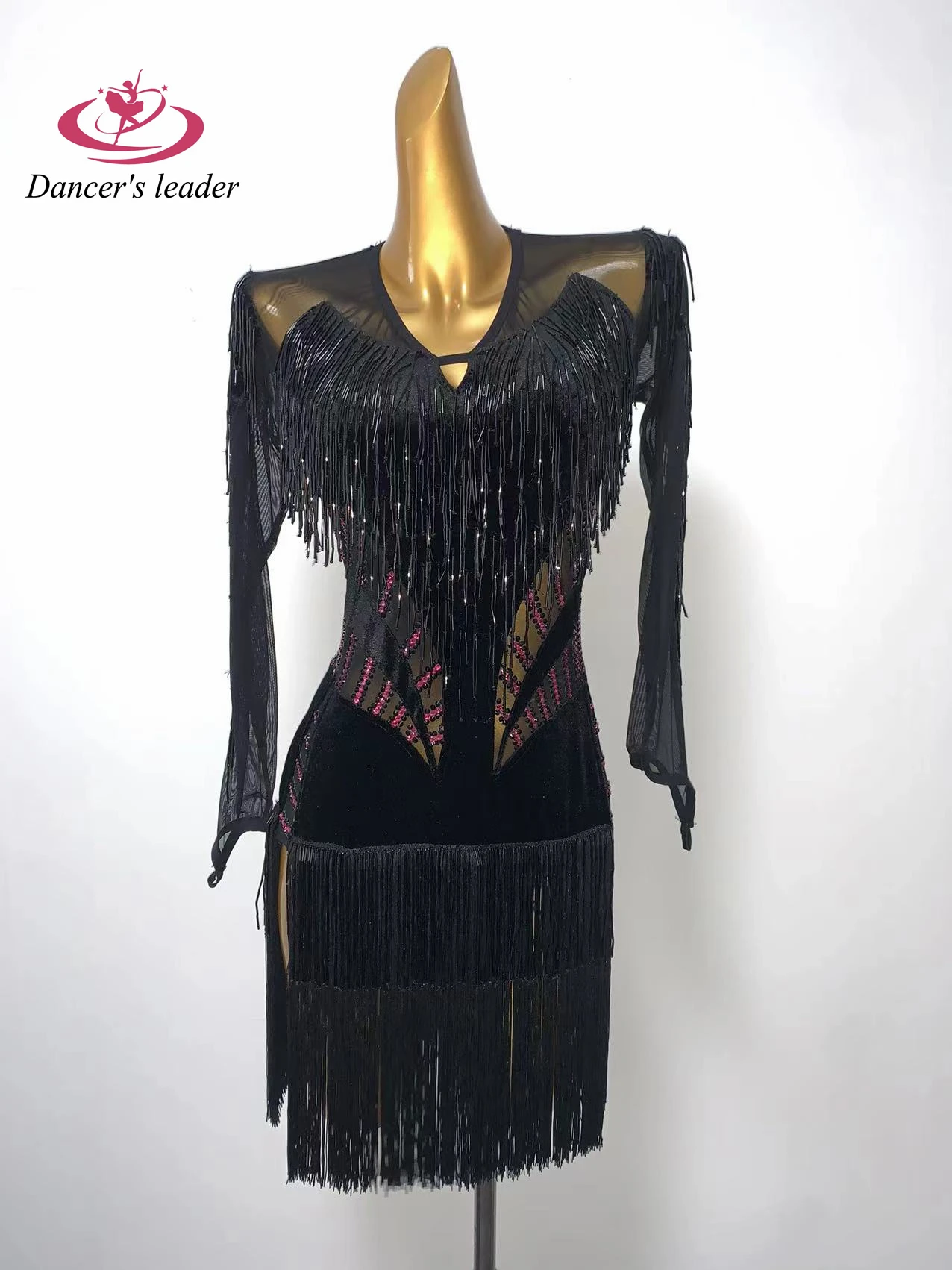 Latin Dance Competition Women's High-end Custom Black Mesh Tassel Samba Art Performance Rhinestone Dress