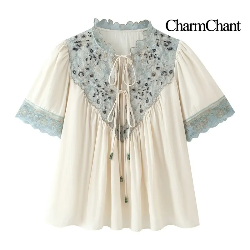 CHARMCHANT Women's Lace Patchwork Short Sleeve Blouse Ruffle Collar Tie Puff Sleeve Loose Pleated Casual Boho Shirt Summer 2026