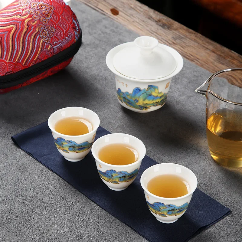 Portable Covered Bowl Travel Tea Set Thousands of Miles Away One Pot and Three Cups Tea Maker Chinese Luxury Business Souvenir