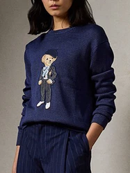 Autumn and winter women's embroidered sweater with teddy bear pattern knitted sweater round neck long sleeved warm top