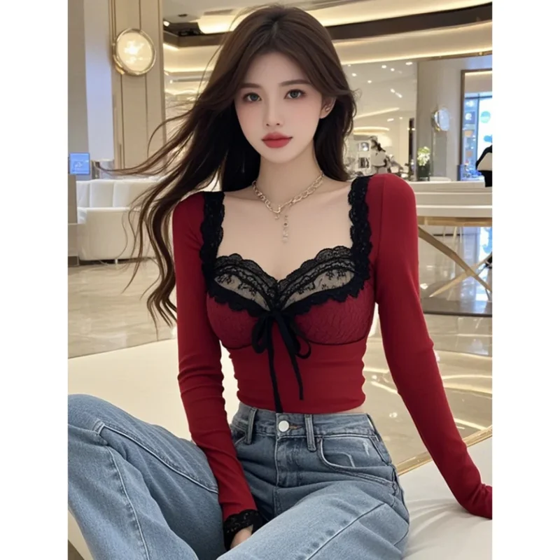 

2025 New Trend Sexy Temperament Fashionable Lace Patchwork Red Top Tee Female Spring Autumn Slim Lacing Long Sleeve T-Shirts