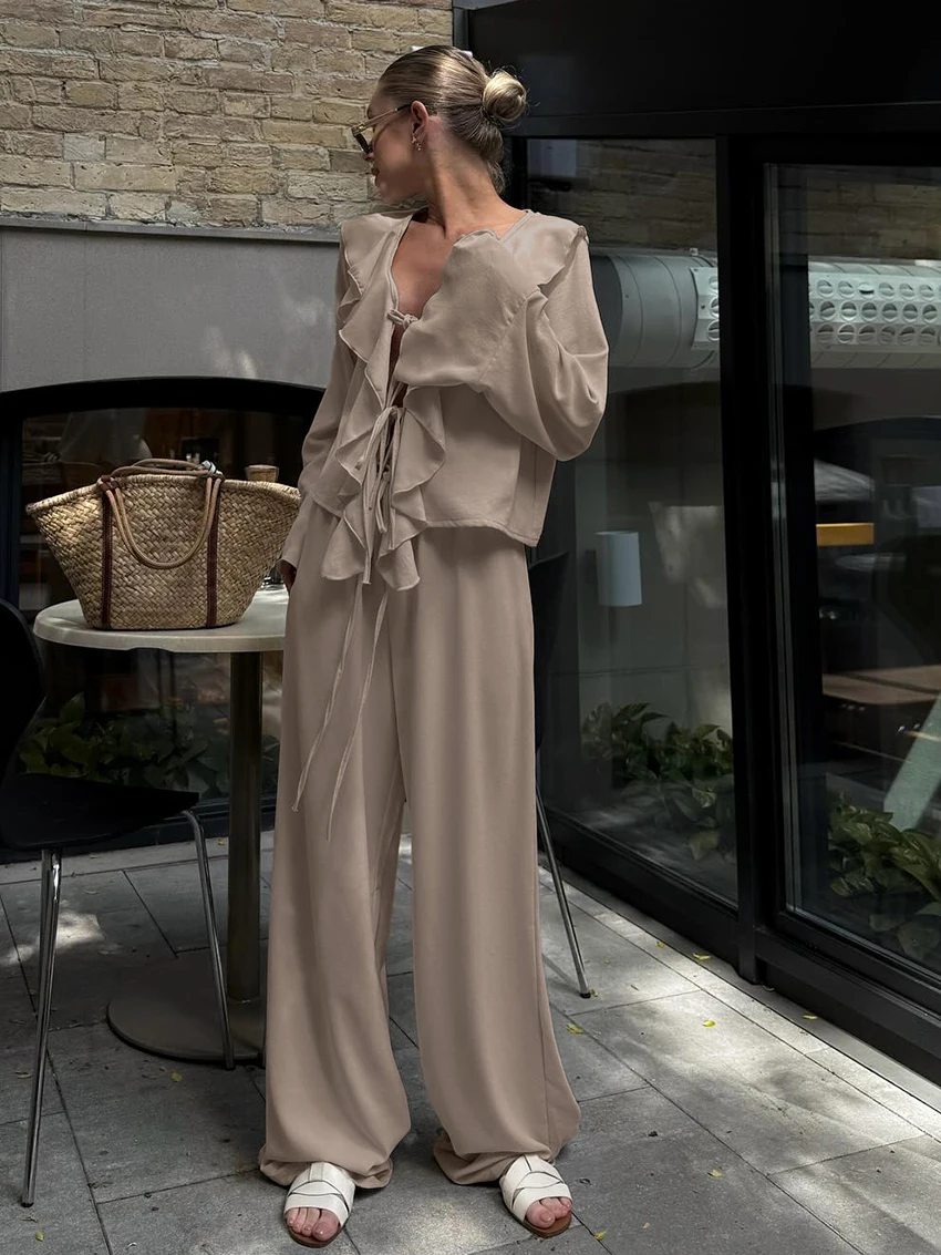 Marthaqiqi Casual Female Nightgown Suit Lace Up Pajama Long Sleeve Nightwear Sexy V-Neck Sleepwear Pants Loose Women Nightie Set