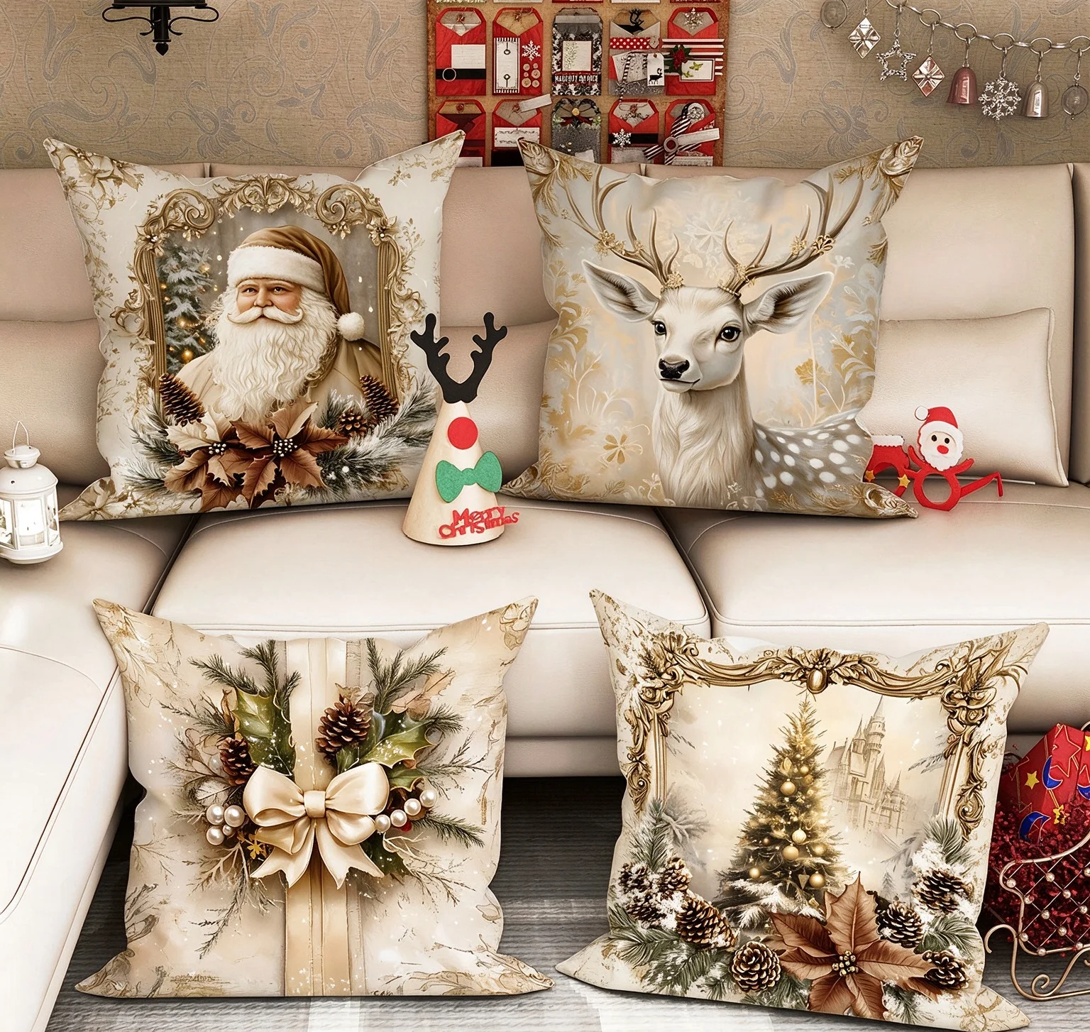 4pcs Vintage Christmas Throw Pillow Covers Santa Deer Tree Bow Pattern Golden Decorative Cushion Cases for Sofa Couch Home Holid