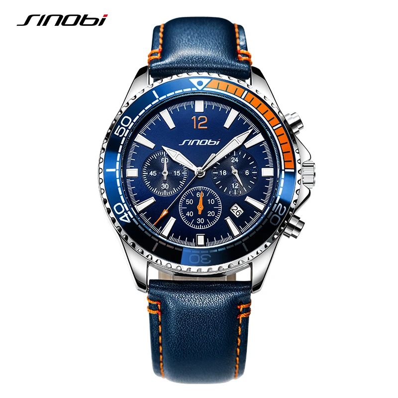 Sinobi Original New Design Men's Quartz Wristwatches Chronograph Man Leather Strap Watches Luminous Hands Males Clock Relojio