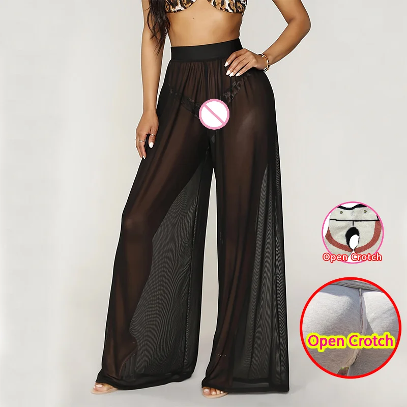 Woman Sexy Open Crotch Leggings See Through Mesh Net Fashion invisable Hidden Zippers Pants High Rise Crotchless Clubwear Pants