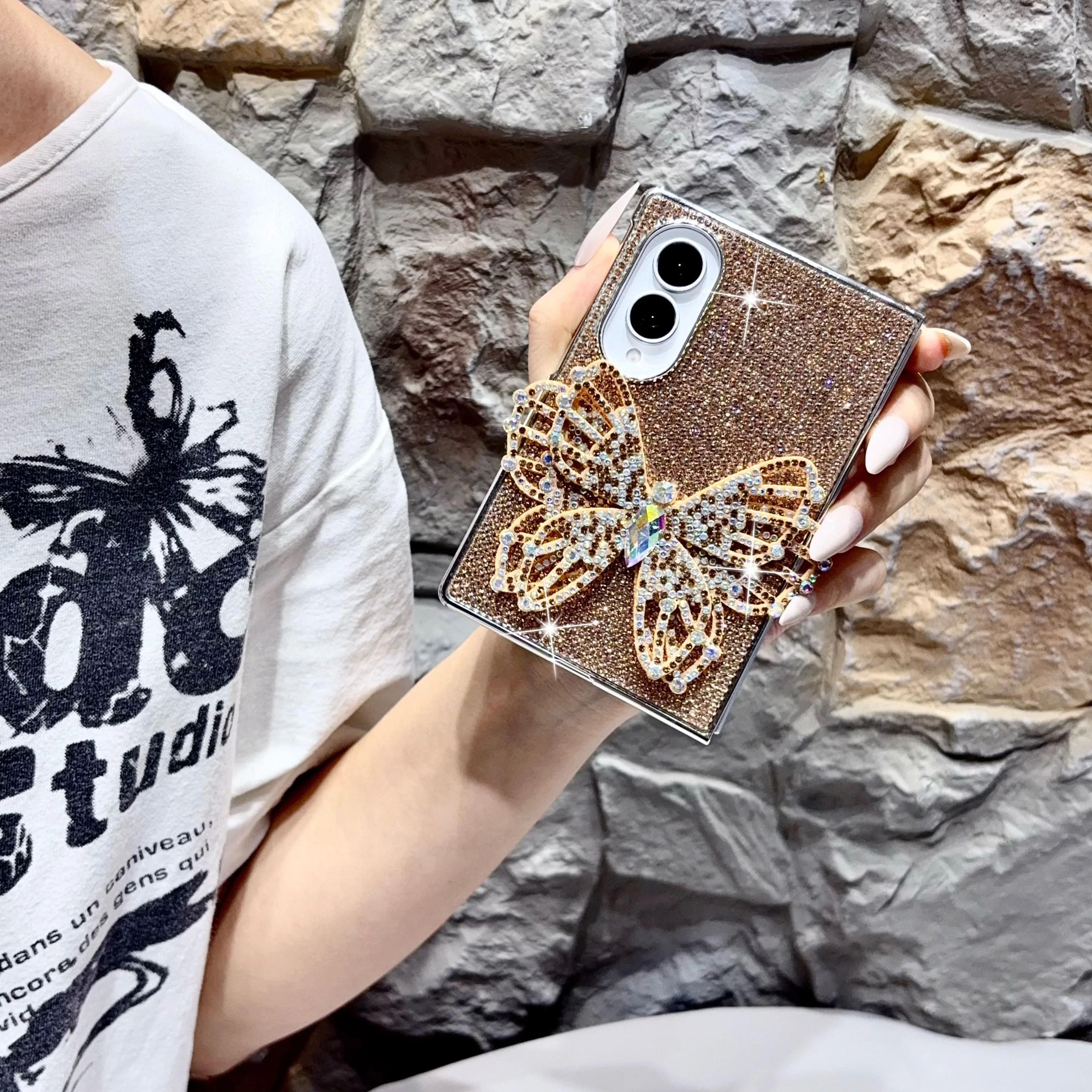 Electroplated Luxury Foldable Bling Pastel Crystal Rhinestone Brooch Bow Case for Samsung Z Fold 8 Ultra/8 Wide/7/6/5/4 Cover