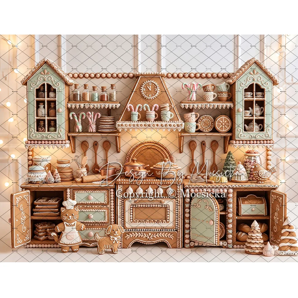 Mocsicka Christmas Kitchen Backdrop Photography Gingerbread Bakery Cabinet Cookie Background Sweet Girl Birthday Studio Photo
