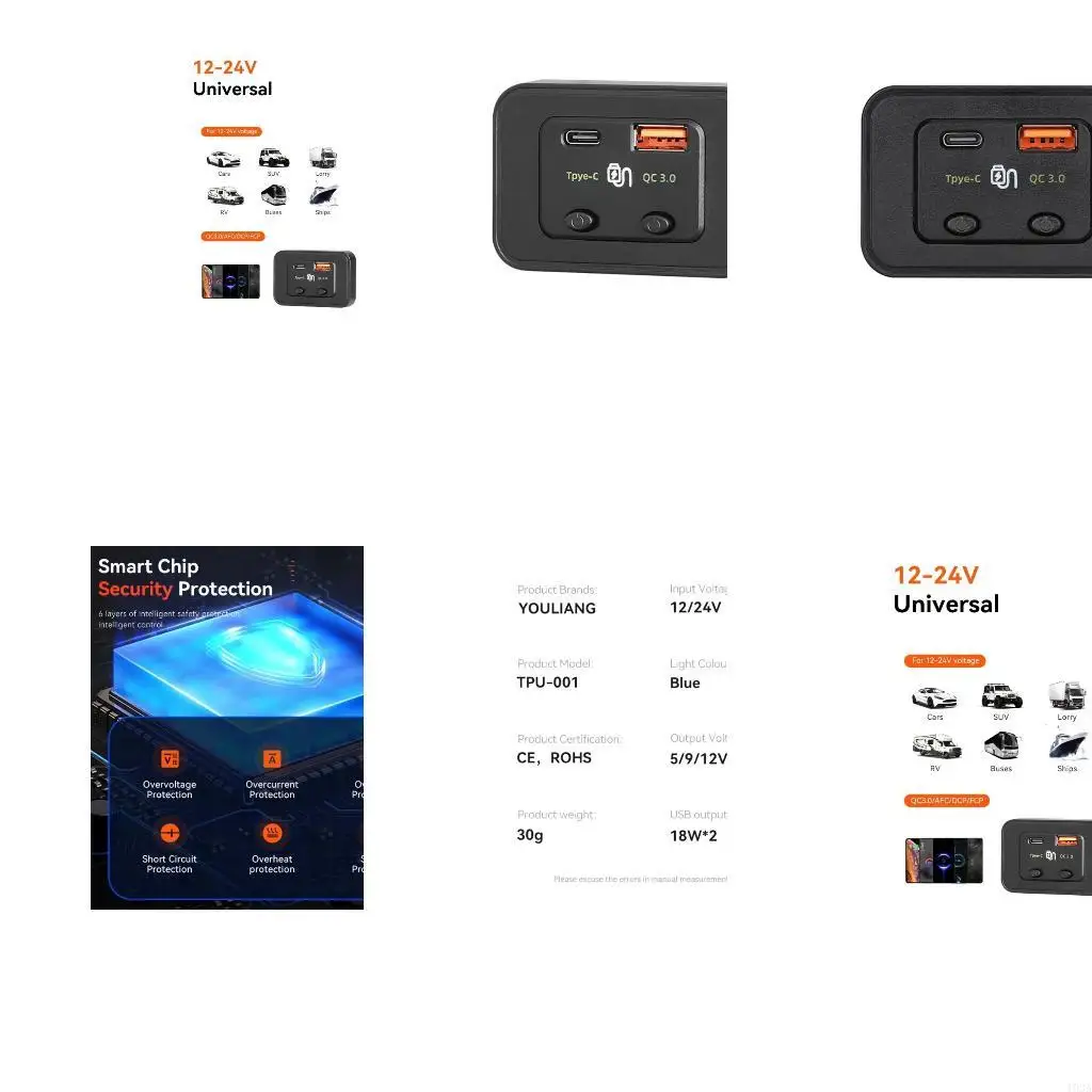193A USB Type C Car QC3.0 USB Charging for Fast Charging for 12-24V Vehicles