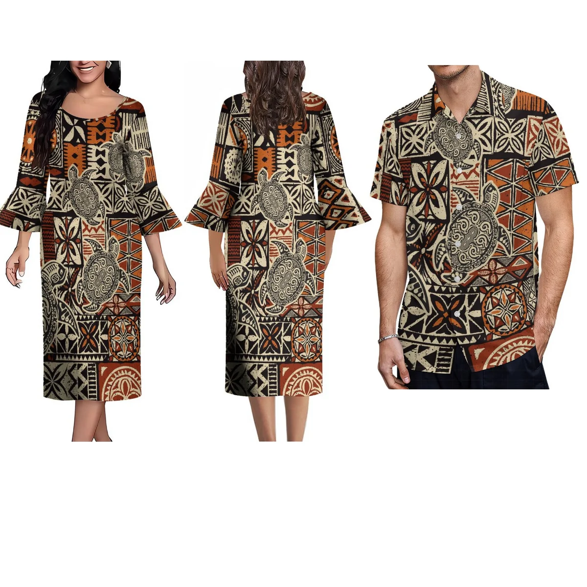 

Samoa Custom Women'S Dress Summer New Crew-Neck Long Skirt Flared Sleeves Polynesian Couple Clothing Men'S Pocket Shirt