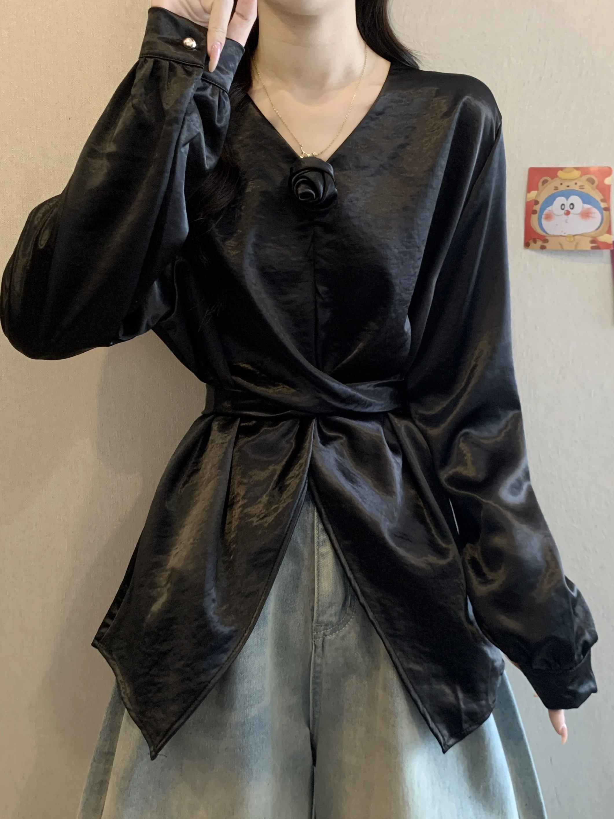 

plus Size Long Sve irt Women's High Waist Acetate Satin Cross Tie Waist Design Korean Sle Commute Wind Loose Fit irt