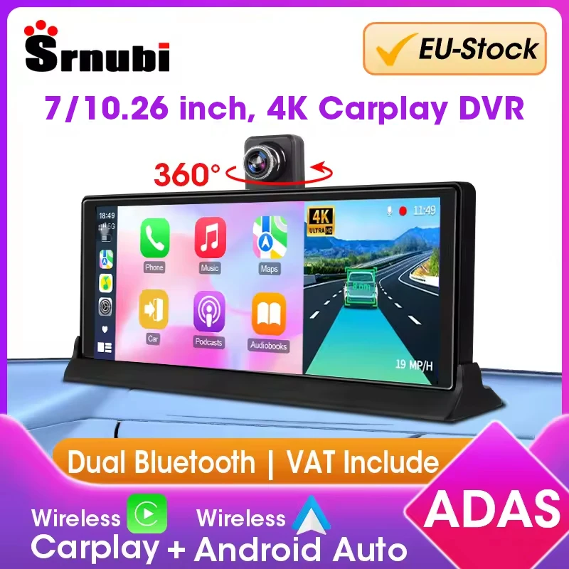 7/10,26" ADAS Dash Cam 4K Voiture DVR sans fil Carplay Android Auto 360 °   Enregistreur vidéo de navigation GPS à objectif rotatif BT WIFI FM AUX