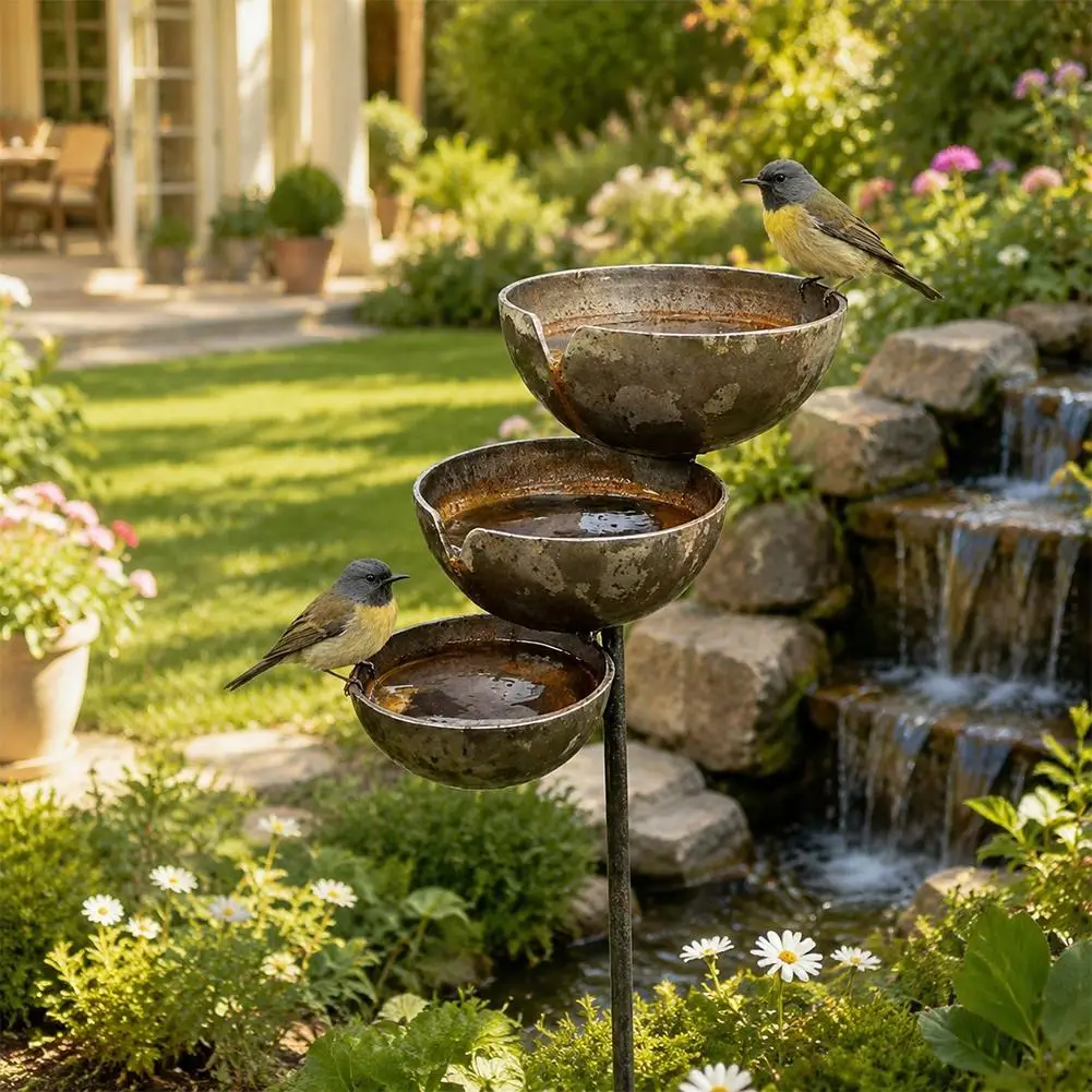 3-Schichtige Vogel-Wasserschale Effektive Regenwassersammlung Vogel-Wassertränke Gartendekoration Hof-Terrasse Eisenständer – Detail 8