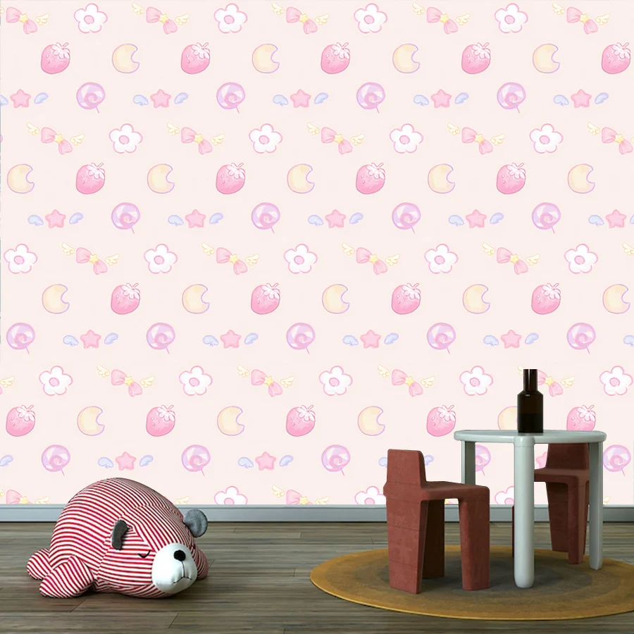 12+ Cartoon Fruit Pastel Pink Strawberry Wallpaper for Living Room Walls Art Papers Home Decor Bed Mural, Self Adhesive Optional