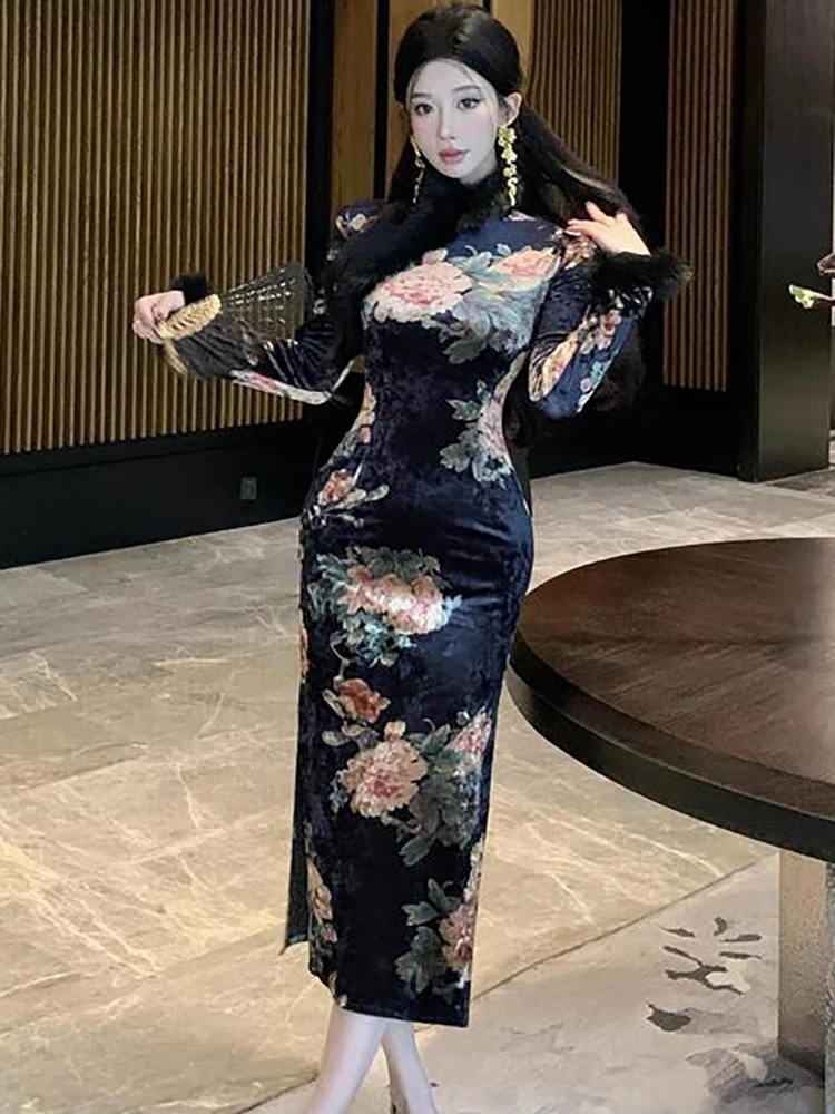 Black Floral Velvet Chic Fur Collar Luxury Evening Dress Women Autumn Winter Elegant Bodycon Long Dress 2024 Korean Vintage Robe