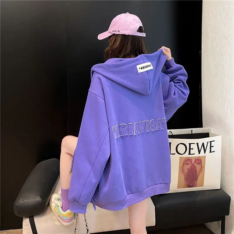 Women\'s Solid Hooded Collar Cardigan Zipper Letter Spring and Autumn Hoodies Loose Korean New Long Sleeve Pockets All Match Coat