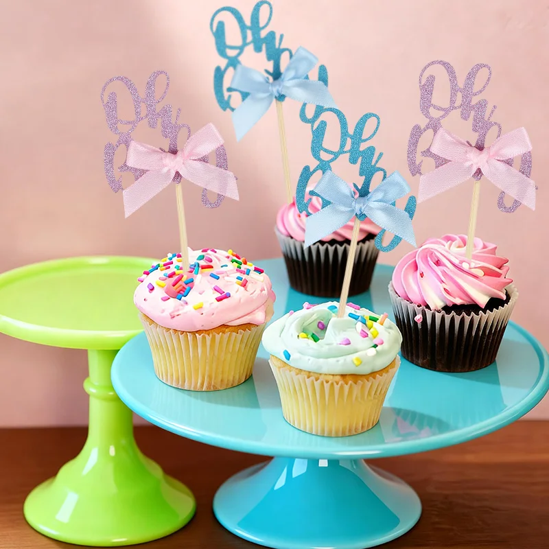 

Glitter Oh Baby Cupcake Toppers with Bow Pink Blue Paper Cake Decorations Baby Shower Gender Reveal Party Newborn Celebration