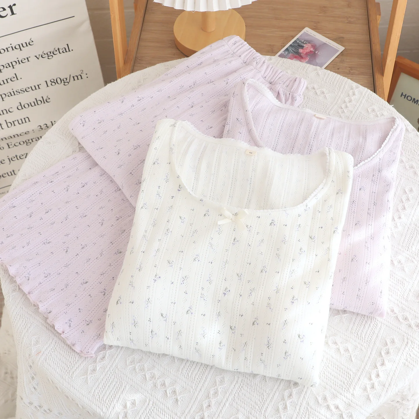 Women's Summer O-Neck Pajama Cotton Sweet Ancient Style Long Sleeve Pants Home Clothes Two Piece Set