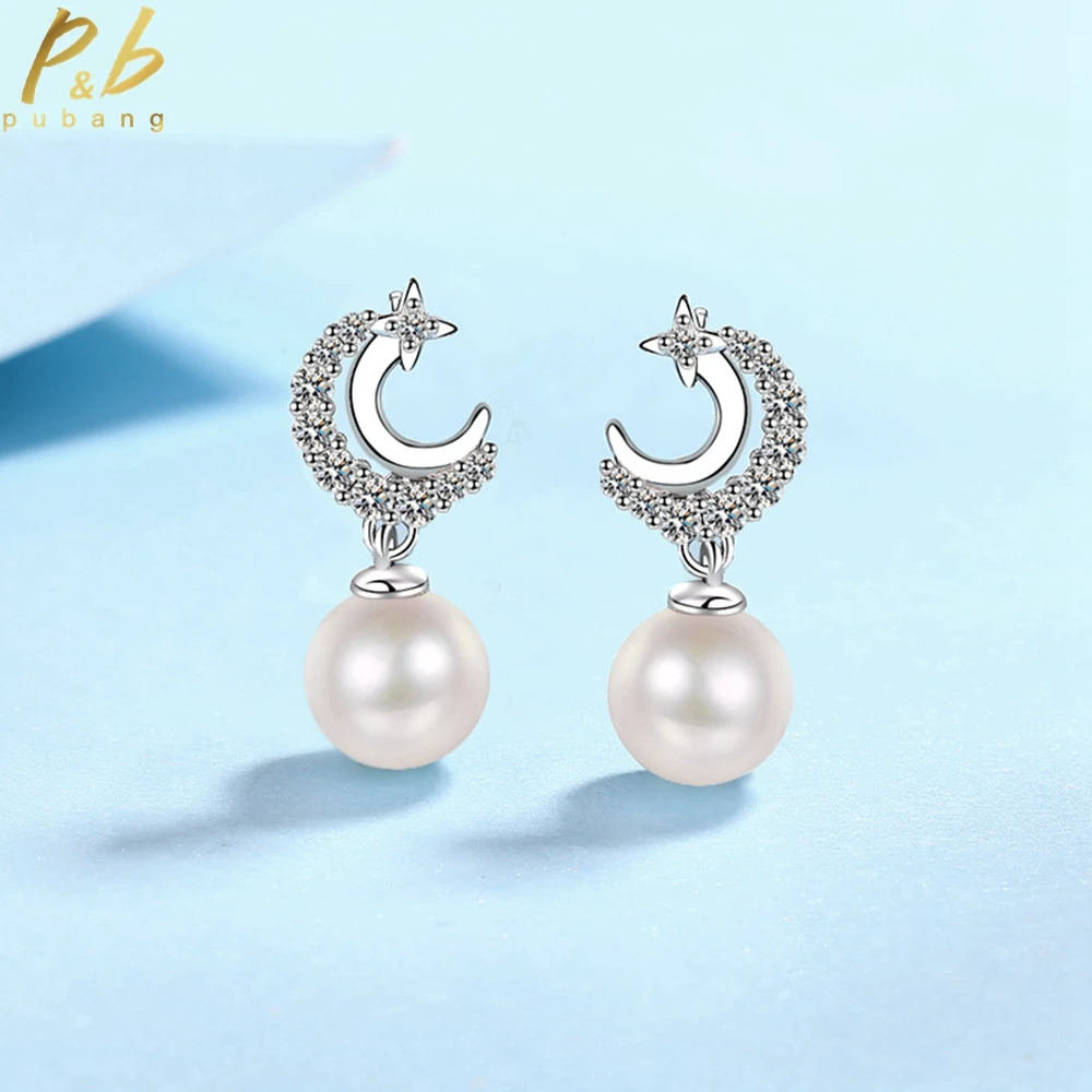 

PuBang Fine Jewelry Solid 925 Sterling Silver Real Moissanite Diamond Sparkling Pearl Stud Earrings for Women Gift Drop Shipping