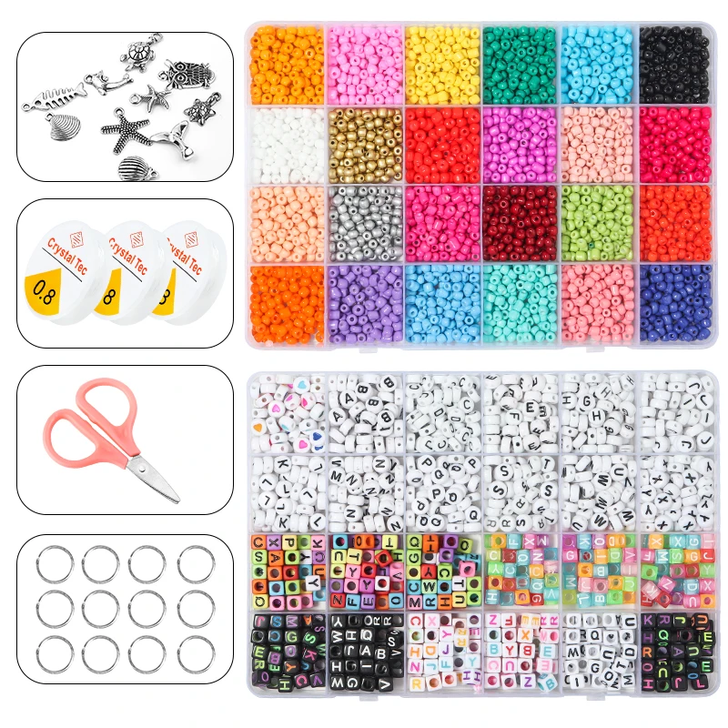 2 Boxes Seed Beads Set Letter Beads Beginner Jewelry Making Kit Set with Strings for DIY Craft Ring Bracelet Necklace Earrings