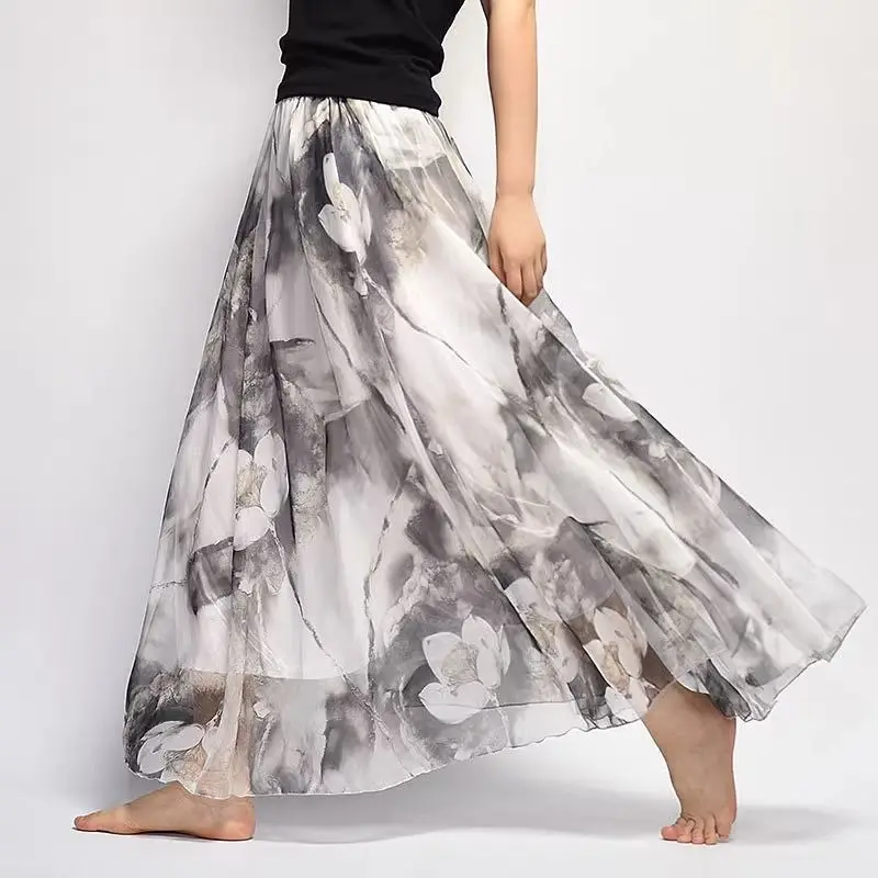 Summer New Fashionable Women's Elastic High Waist All-match Tie Dye Printed Ruched Midi Asymmetric Thin Large A-line Half Skirt