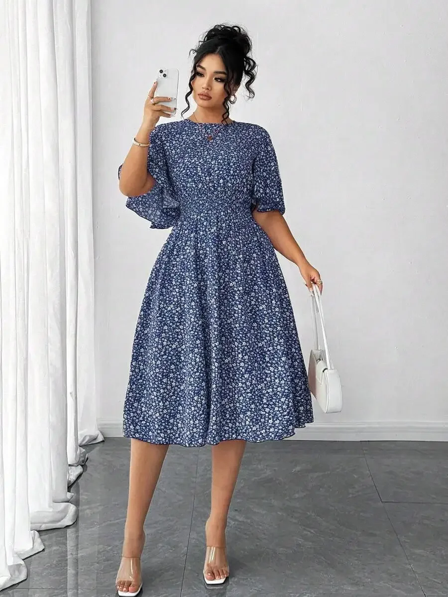 Plus Size Women Ditsy Floral Round Neck Ruffle Sleeve Elastic Waist A-Line Midi Dress Casual Elegant