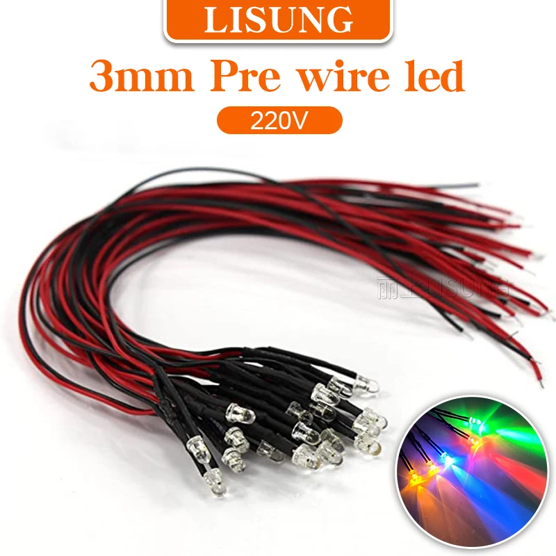 10pcs DC 220V 3mm Single Pre Wire Led Light Prewired Red White Blue Lamp Diodes Led Wired Diode With Cable Lead Socket Indicator