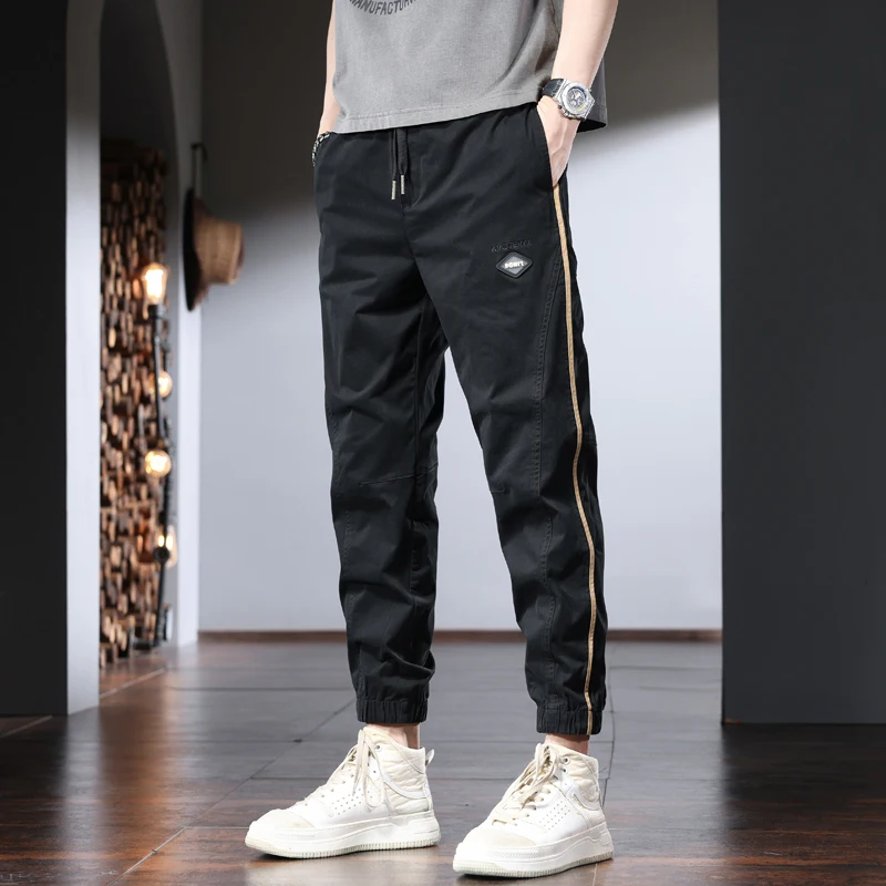 Fashion Side Stripe Casual Pants Men Summer Black Cotton Elastic Waist Drawstring Joggers Trousers