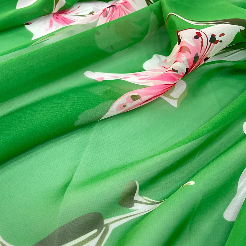 Digital Printing Spring Summer Green Flowers Silk Chiffon Fabric Resort Style Women's Skirt Spring and Summer Fashion Show