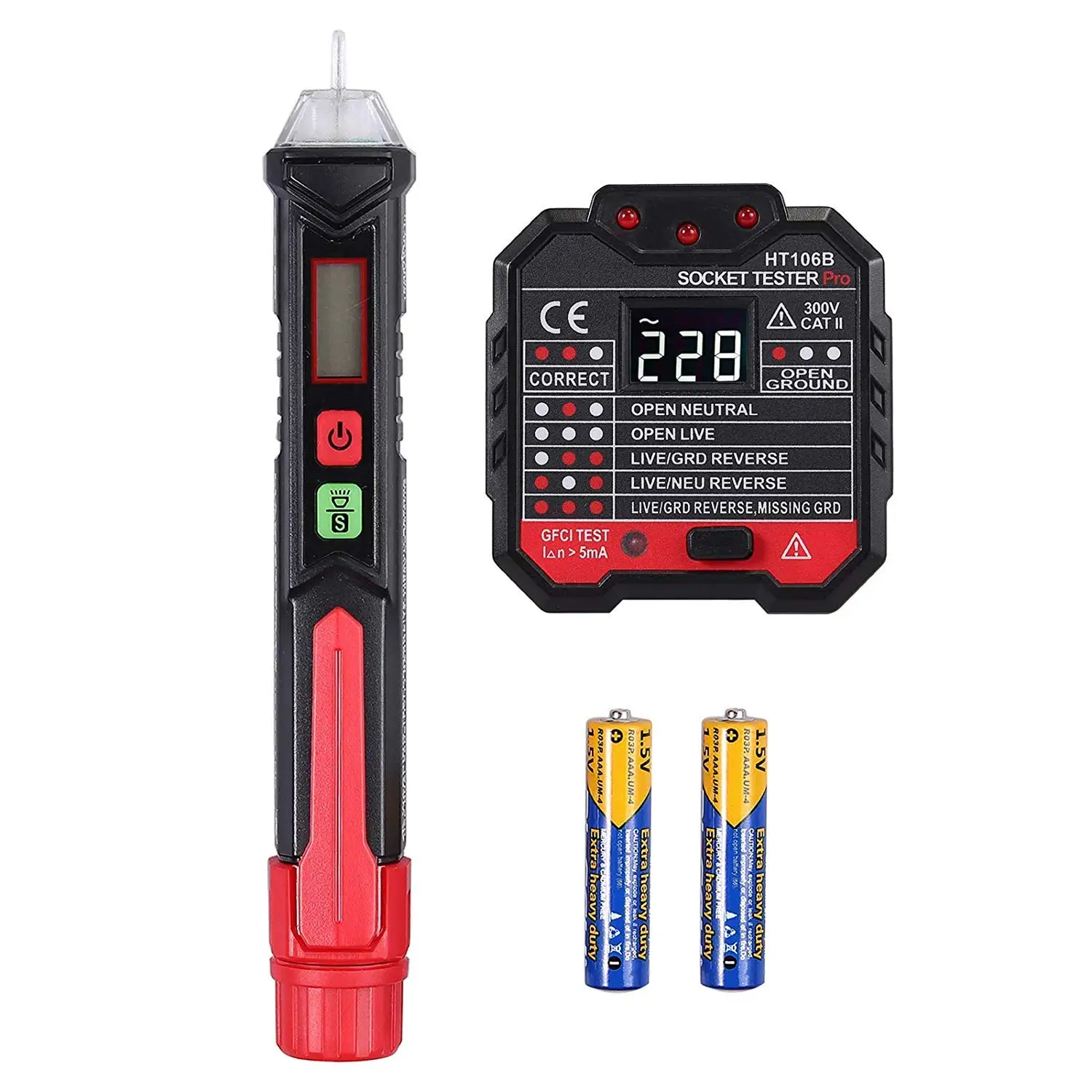 Non-Contact Voltage Tester Pen and Outlet Tester Socket Tester kit NCV Detector with LED Flashlight Alarm Pre-Installed Battery