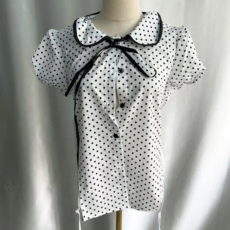Kimotimo Puff Sleeve Polka Dot Short Sleeve Shirt Women 2026 Summer Peter Pan Collar Lace Up Button Blouse Sweet Y2k Crop Tops