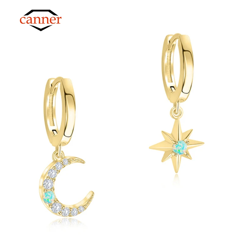 

CANNER Star Moon Pendant Zircon Opal 925 Sterling Silver Gold Color Piercing Round Drop Earrings for Women Fine Jewelry Gifts