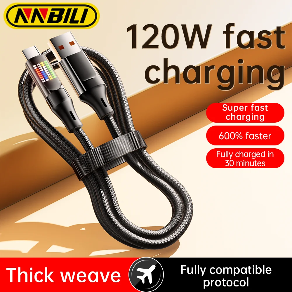 NNBILI 120W Schwarz Typ C Schnellladekabel 6A USB A auf Typ C Nylon Datenkabel für Xiaomi Samsung mit LED-Anzeige USB C-Kabel