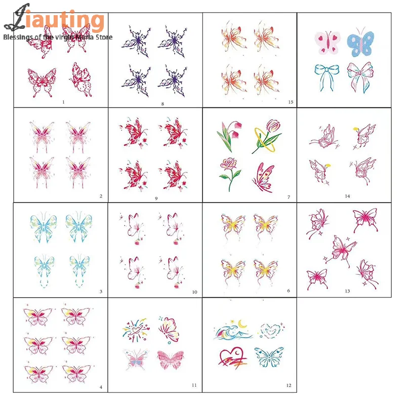 15 folhas glitter sonhador borboleta à prova dwaterproof água tatuagem temporária de longa duração à prova dwaterproof água realista tatuagem falsa dedo adesivos