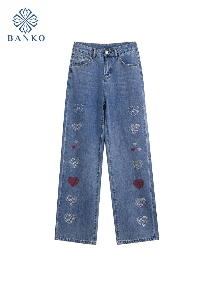 

Y2k Fashion New Design High Waist Jeans Blue Graphic Print Wide Leg Pants Summer 2024 Women Hip-hop High Street Trousers Design