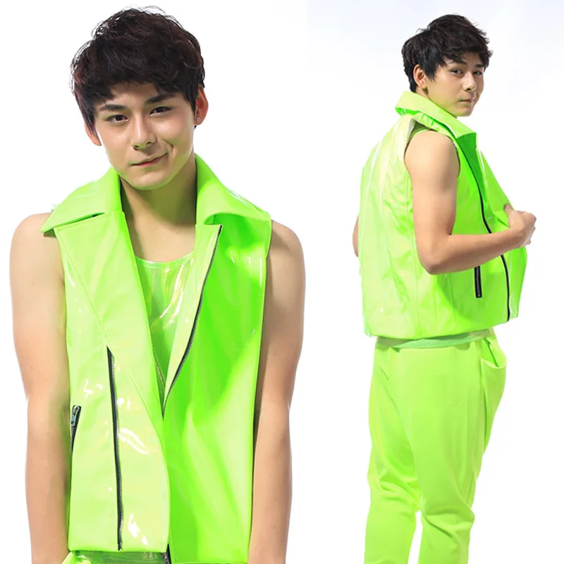 

Fluorescent Green Waistcoat Male Hip Hop Wear Street Dance Costume Nightclub Dj Ds Gogo Dance Show Clothing Cool Jacket VDL126