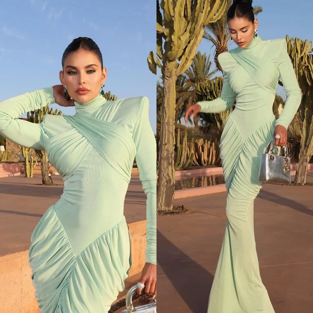 

Customized Simple High Neckline Long Sleeves Evening Dress High Quality Jersey Prom Dresses Delicate Special Occasion Gowns