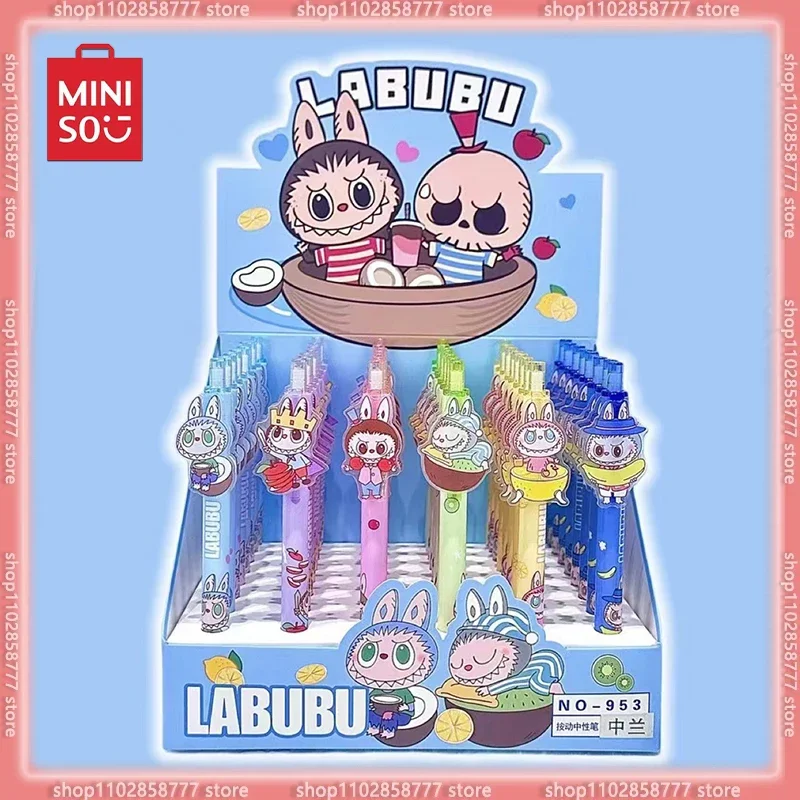 12/48pcs Miniso Labubu Paste Acrylic Neutral Pen Kawaii Press Signature Pen Cartoon Student Stationery 0.5mm Blue Writing Tool